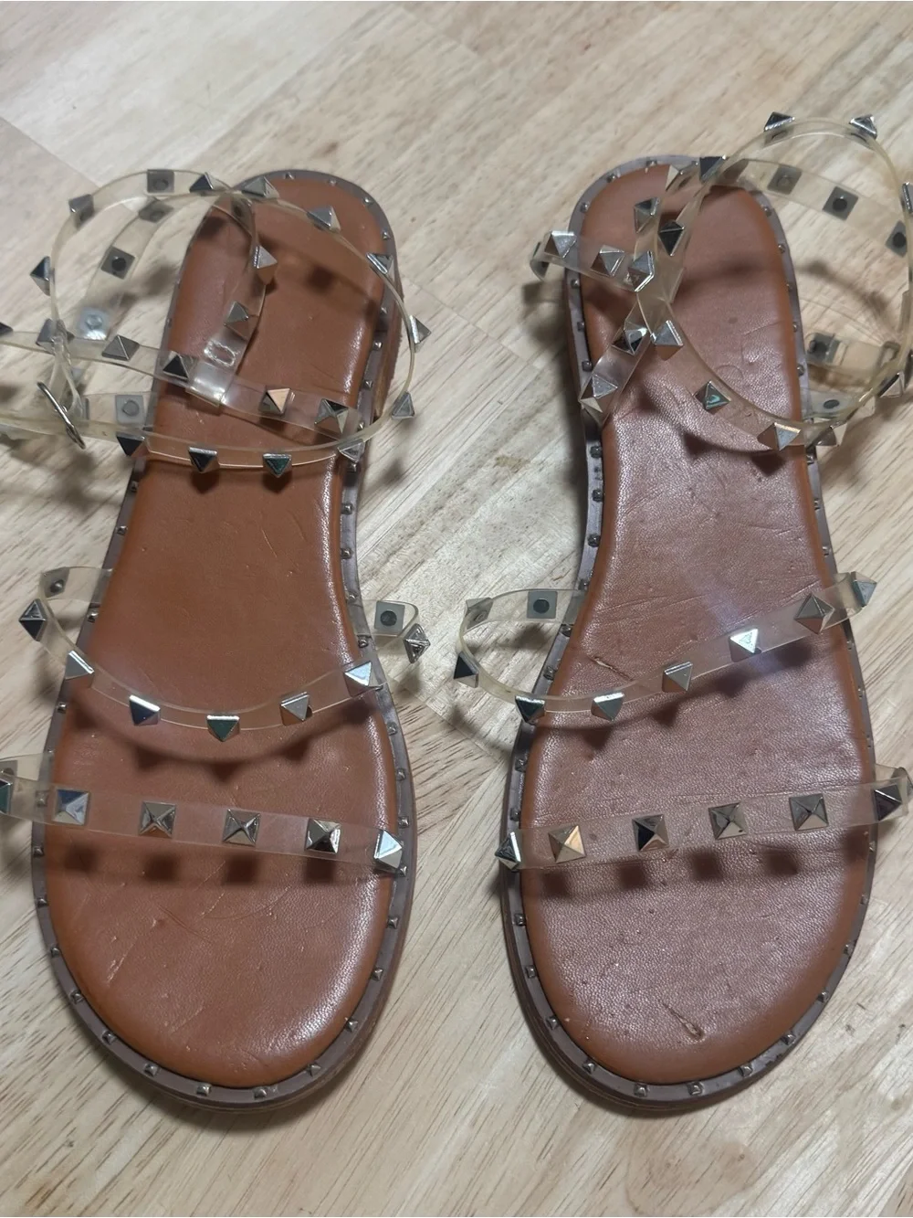 Clear Studded Ankle-Strap Sandals with Tan Sole